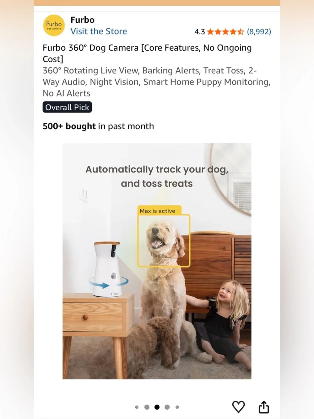Furbo White Dog Camera with Treat Toss - Pet Monitoring & Interaction